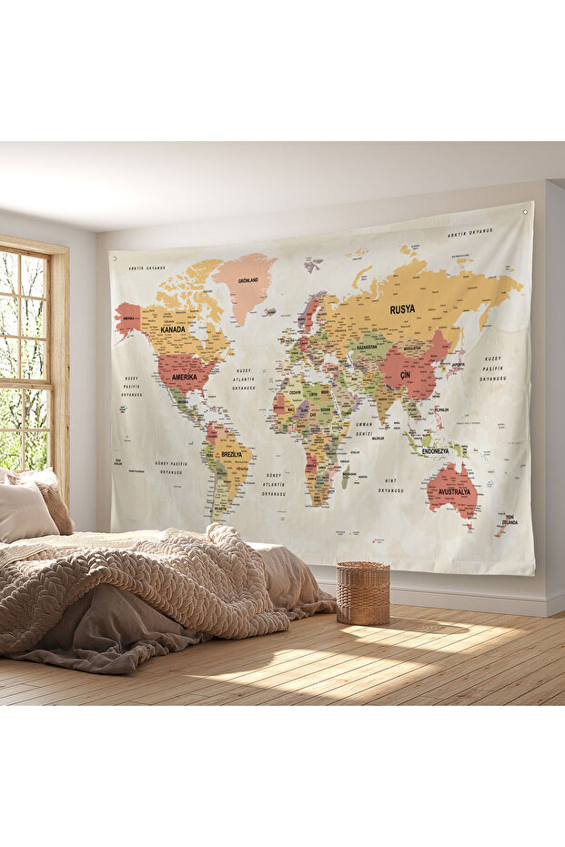 Wall Cover / Carpet Detailed Current Turkish World Map Quality Canvas Fabric-3979