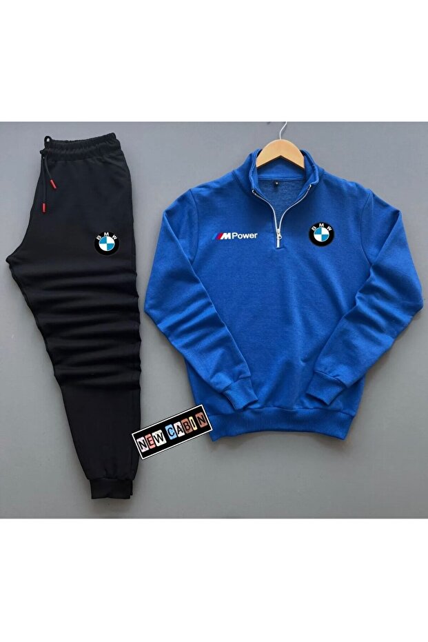 Half Zipper Bmw Printed Cotton Cobalt Blue Sweat-Cotton Black Sweatpants Set, Top, Bottom, 2-Piece