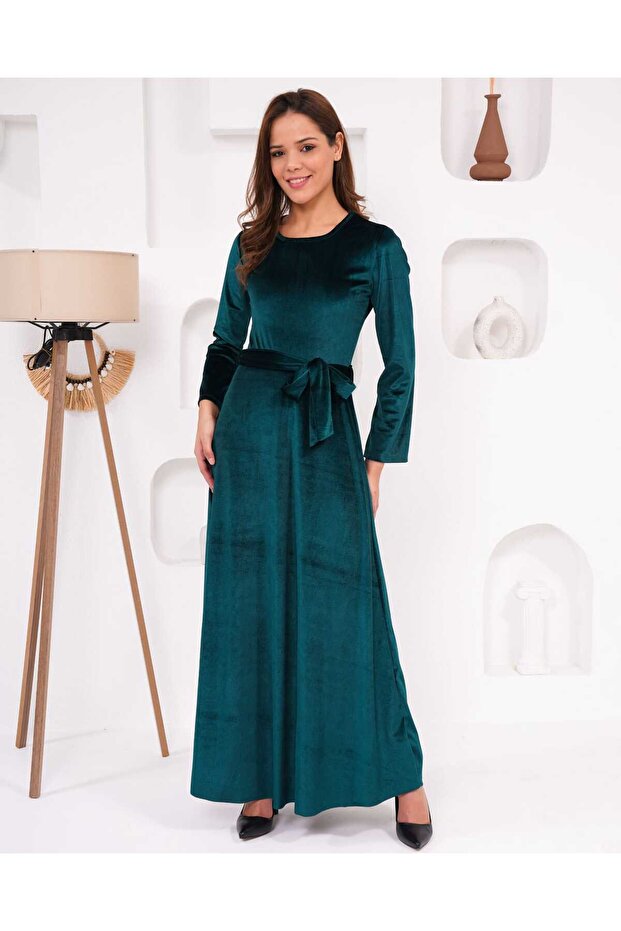 Bisiklet Yaka Kadife Elbise - 5