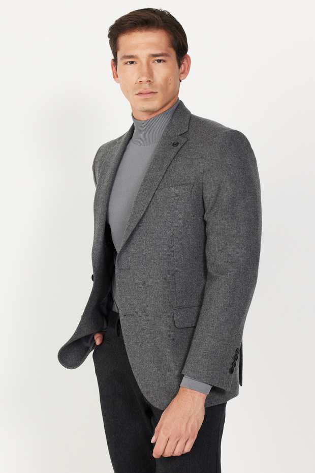 Erkek Antrasit-Gri Comfort Fit Rahat Kesim Mono Yaka Desenli Yünlü Ceket - 1