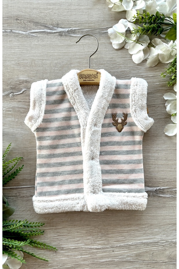 Wellsoft Winter Baby Vest with Plush Inside and Deer Embroidery Salmon Stripes