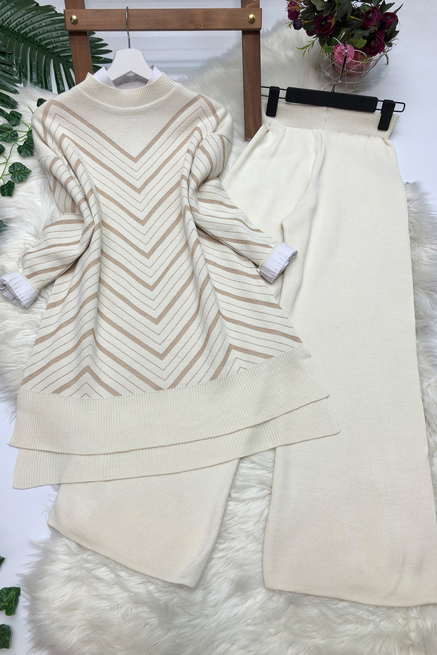Simli Triko Tunik Pantolon Takım - Taş - 2