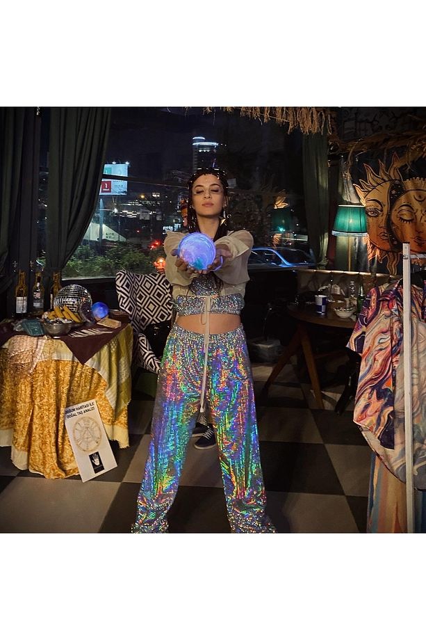 Pullu Parlak Gümüş Disko Pantolon Hologram Metalik Kumaş - 7