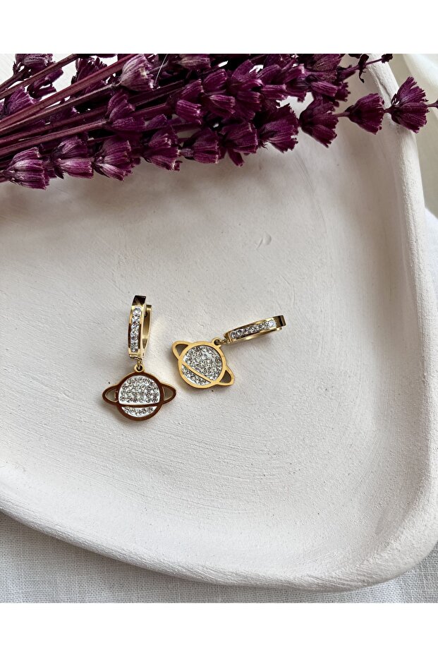 Gold Color Planet Figured Rhinestone Steel Earrings