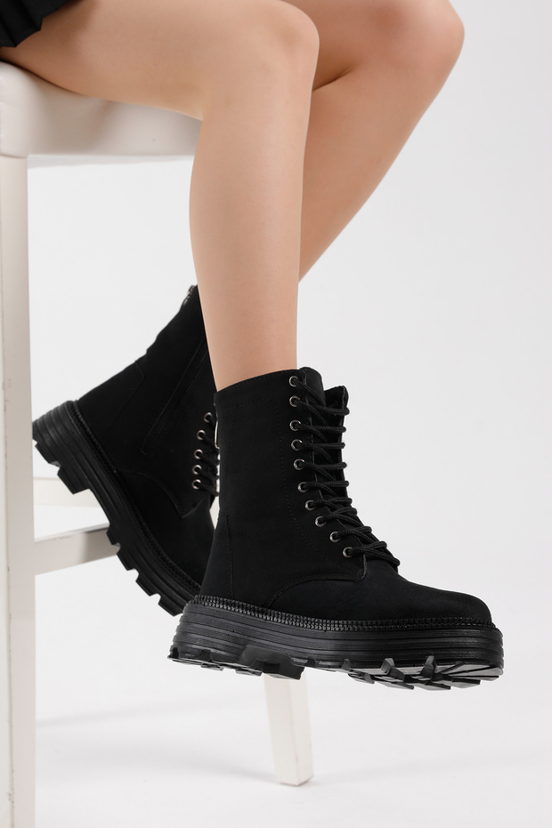 Női fekete szarvasbőr poliészter talpú hátsó cipzár részletes, kényelmes szabású fűzős csizma - 4