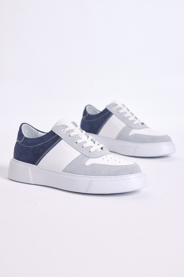 Men's White Blue Lace-up Genuine Leather Sports Shoes