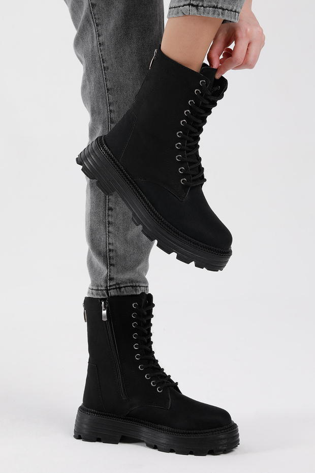 Női fekete szarvasbőr poliészter talpú hátsó cipzár részletes, kényelmes szabású fűzős csizma - 5