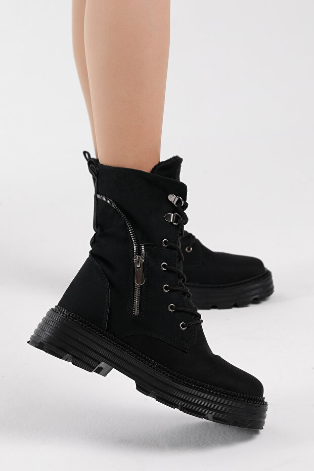 Női fekete velúr poliészter cipzáras, kényelmes fűzős csizma - 1