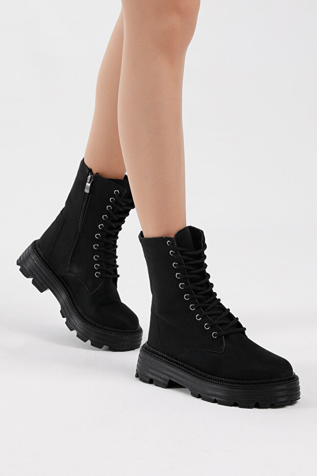 Női fekete szarvasbőr poliészter talpú hátsó cipzár részletes, kényelmes szabású fűzős csizma - 2