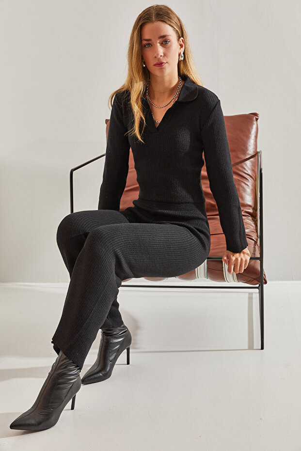 Women's Black Knitwear Top and Bottom Set 60031027