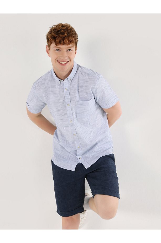 Slim Fit Basic Mavi Erkek Kısa Kol Gömlek - 1