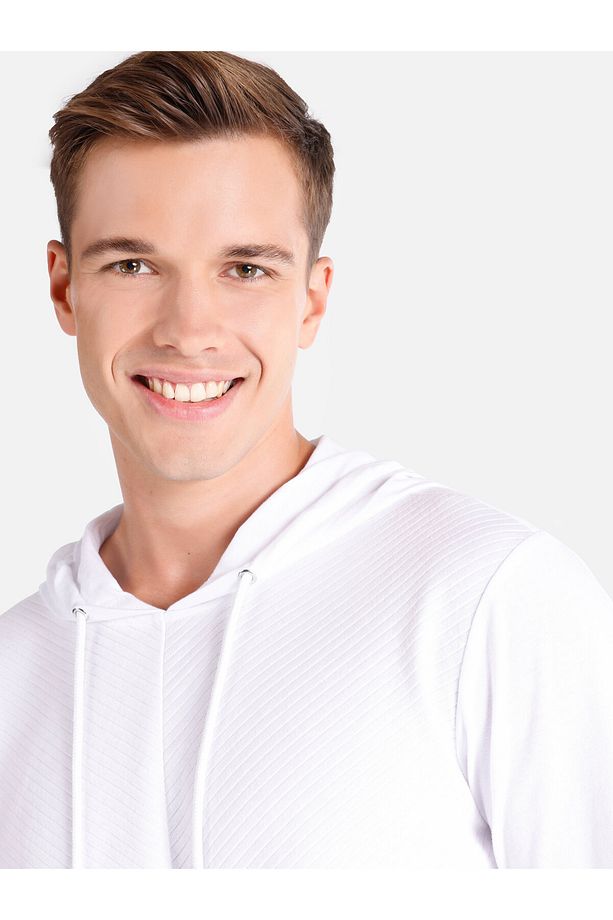 Regular Fit Kapüşonlu Basic Beyaz Erkek Uzun Kol Tişört - 4