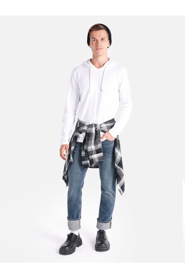 Regular Fit Kapüşonlu Basic Beyaz Erkek Uzun Kol Tişört - 3