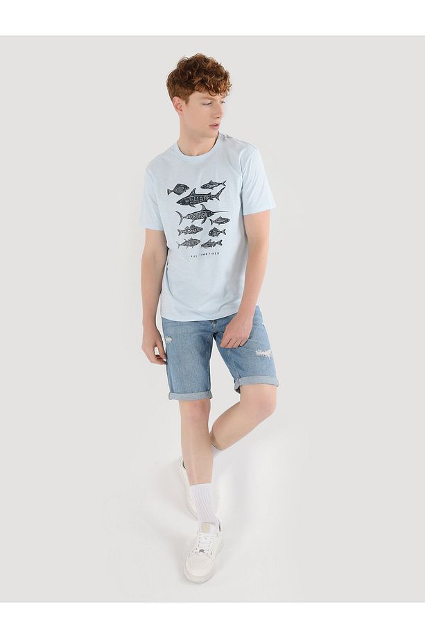 Regular Fit Bisiklet Yaka Baskılı Mavi Erkek Kısa Kol Tişört - 3