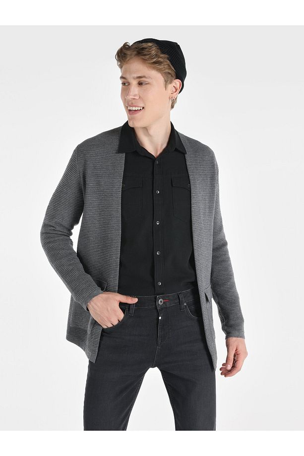 Regular Fit Cepli Gri Erkek Hırka - 1