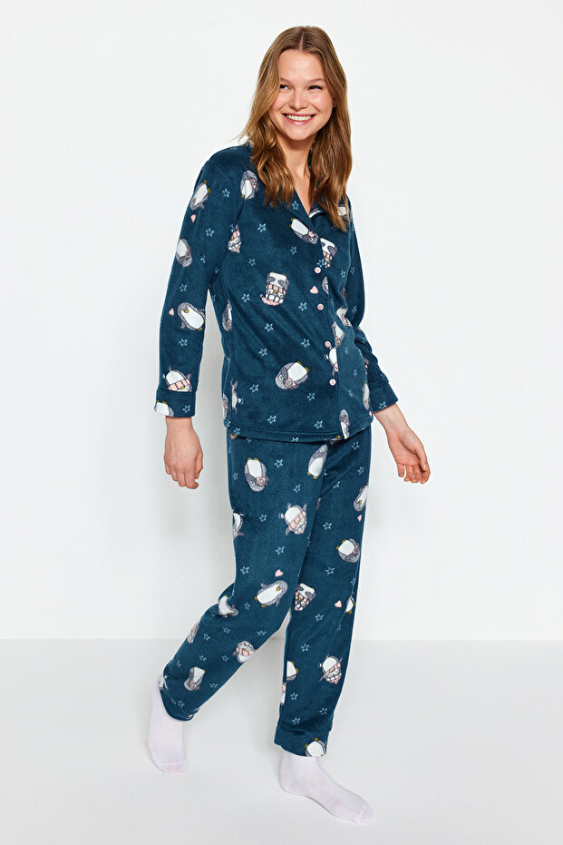 Petrol Penguin Patterned Fleece Winter Knitted Pajamas Set Thmaw22Pt0356 - 10