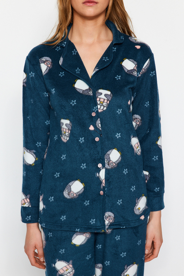 Petrol Penguin Patterned Fleece Winter Knitted Pajamas Set Thmaw22Pt0356 - 11