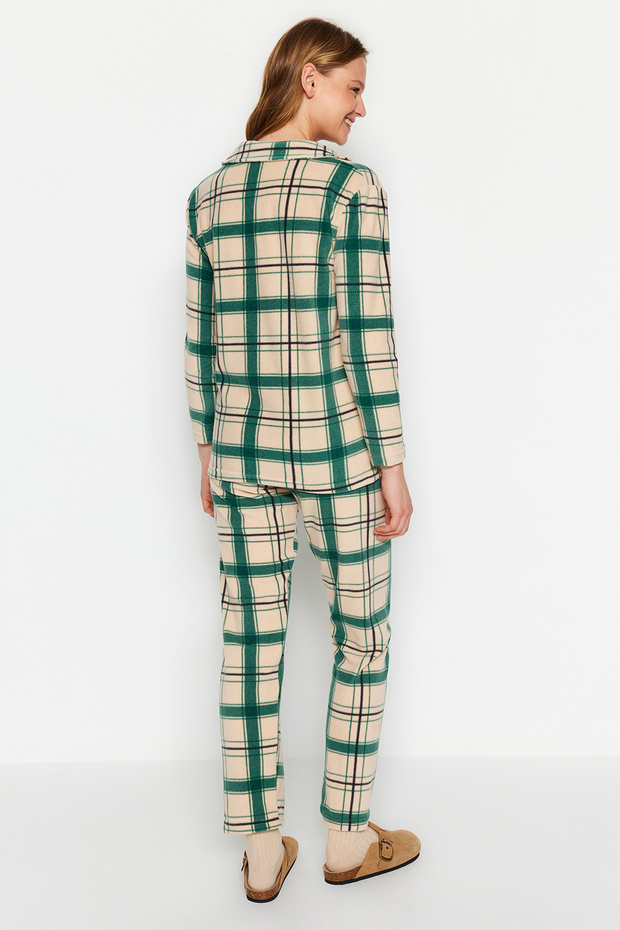 Yeşil Nakışlı Ekoseli Polar Kışlık Örme Pijama Takımı THMAW24PT00175 - 6