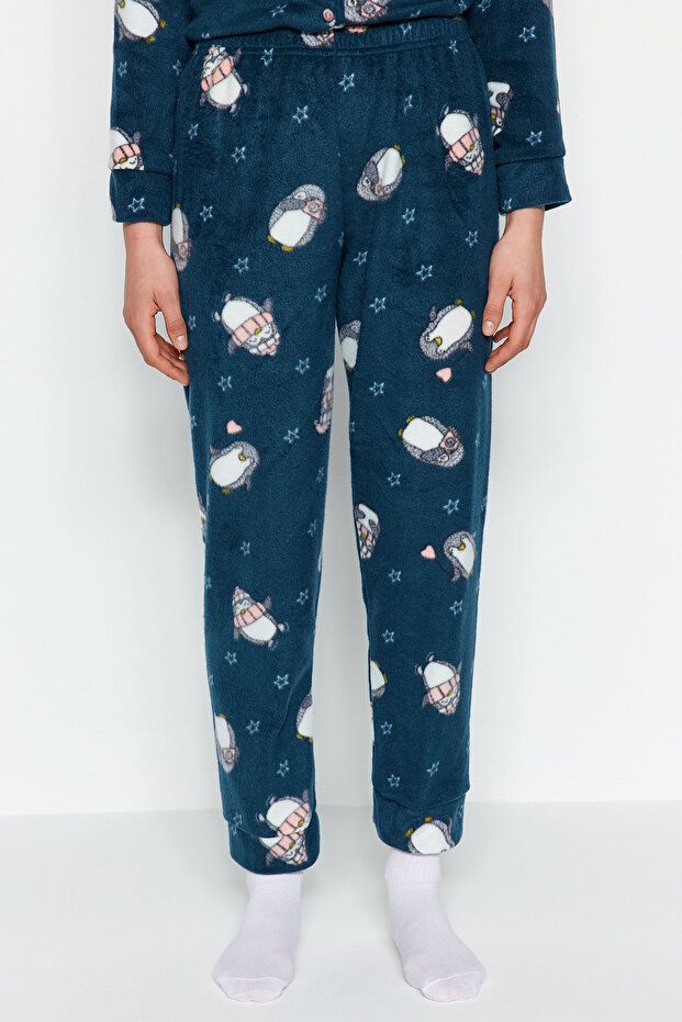 Petrol Penguin Patterned Fleece Winter Knitted Pajamas Set Thmaw22Pt0356 - 13