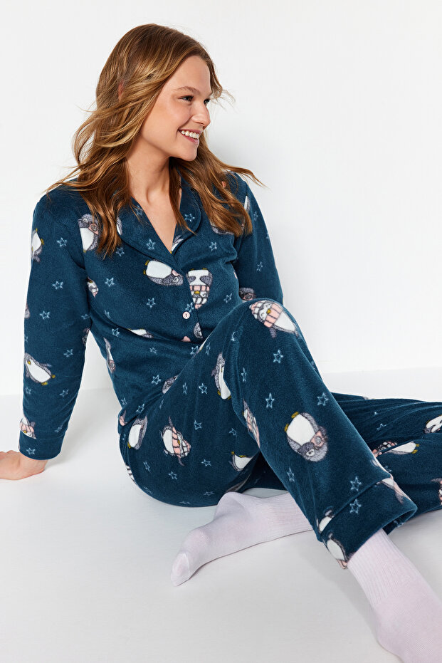 Petrol Penguin Patterned Fleece Winter Knitted Pajamas Set Thmaw22Pt0356 - 18