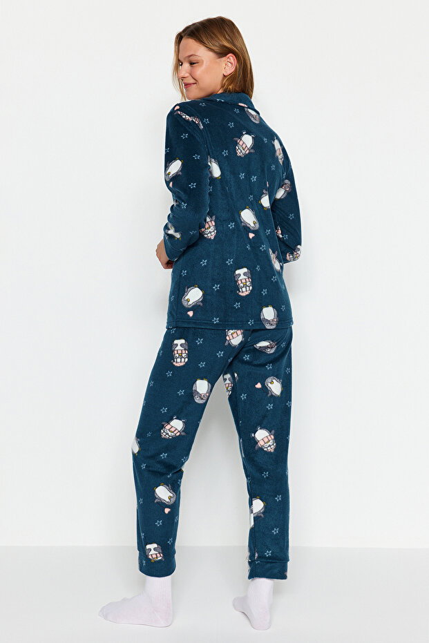Petrol Penguin Patterned Fleece Winter Knitted Pajamas Set Thmaw22Pt0356 - 14