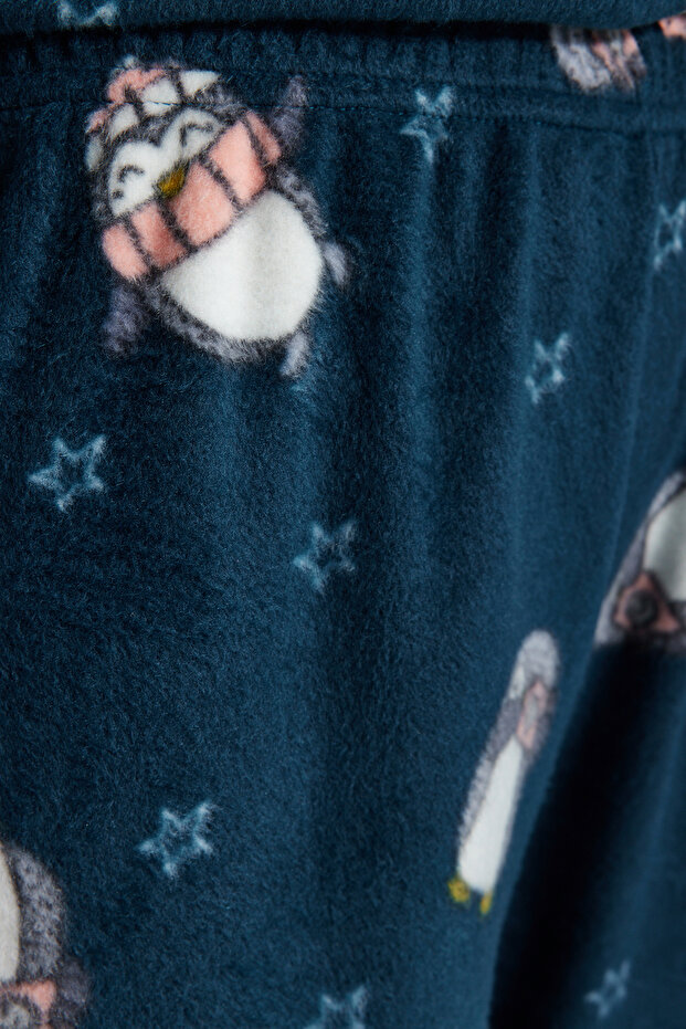 Petrol Penguin Patterned Fleece Winter Knitted Pajamas Set Thmaw22Pt0356 - 12