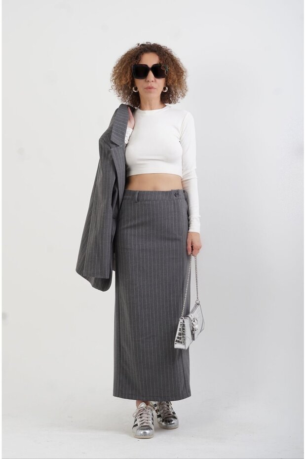 Anthracite Poly Striped Skirt with Side Slits