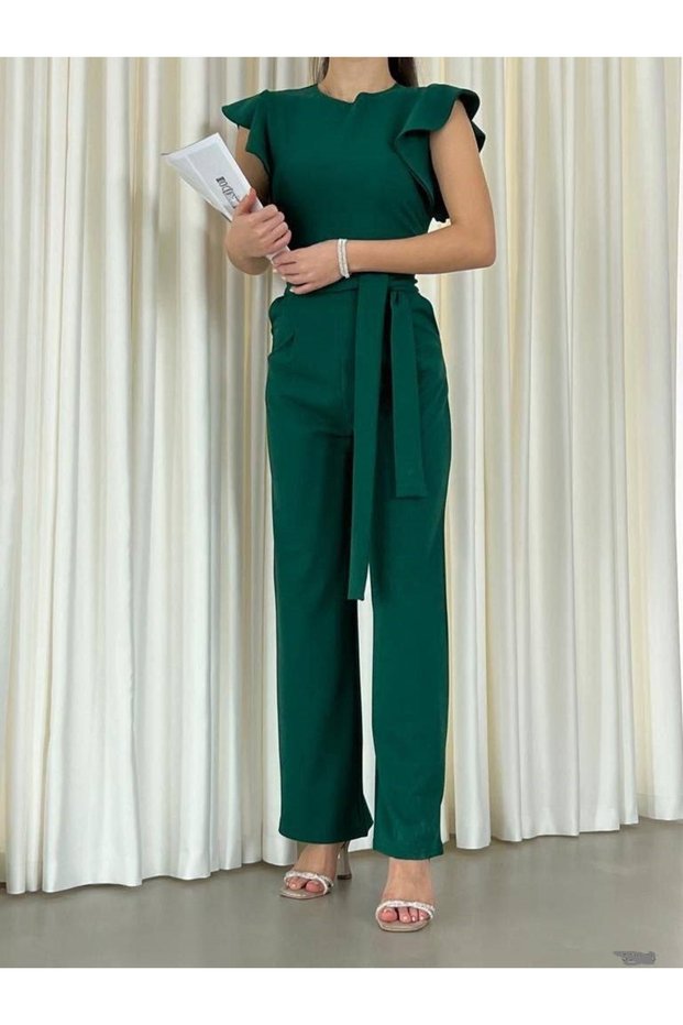 FLEXIBLE CREPE FABRIC GREEN COLOR POCKET DETAIL BELT EVENING DRESS JUMPSUIT GL-705 582183