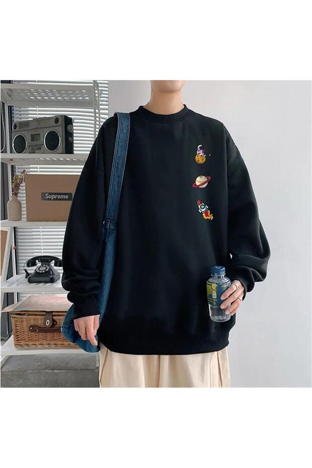 سترة LAGOM MODA Space Things مطبوعة باللون الأسود للجنسين ذات رقبة دائرية كبيرة الحجم