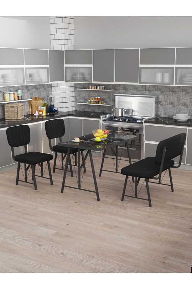 Hayat 70x110 Bendir Mutfak Masası, Mutfak Masası Takımı, Yemek Masası, 2 Sandalye 1 Bench - Siyah - 1