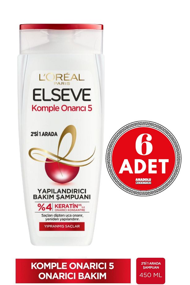 L'Oréal Paris Elseve Komple Onarıcı 5 Yapılandırıcı Bakım Şampuanı 2'si 1 Arada 450 ml 6 Adet - 1