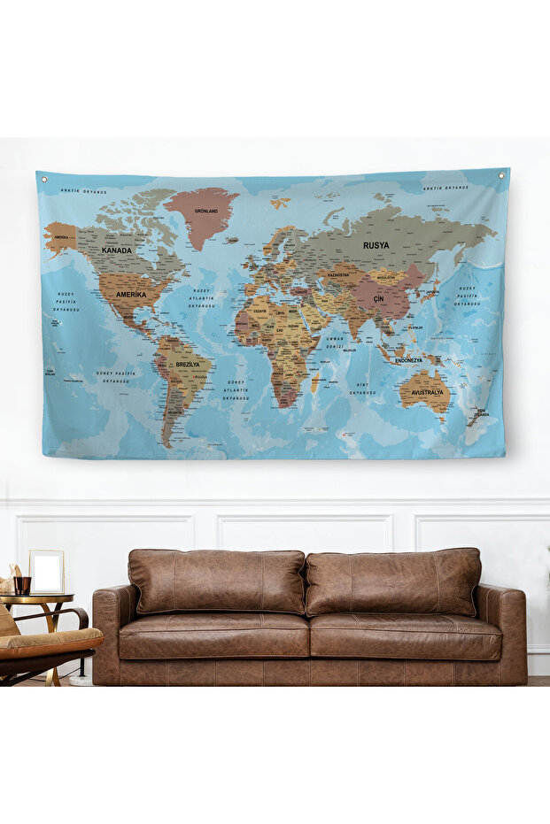 Wall Cover / Carpet Detailed Current Turkish World Map Quality Canvas Fabric-3972