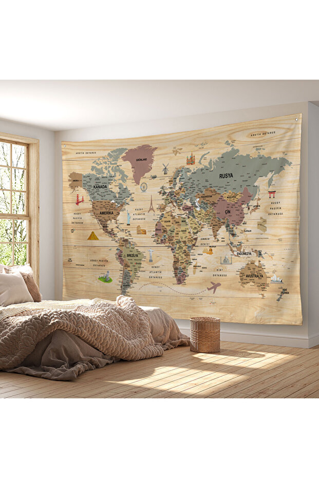 Wall Cloth / Carpet Current Turkish World Map Wooden Look-3984