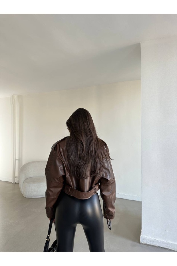 Jachetă de piele maro Biker Crop - 2