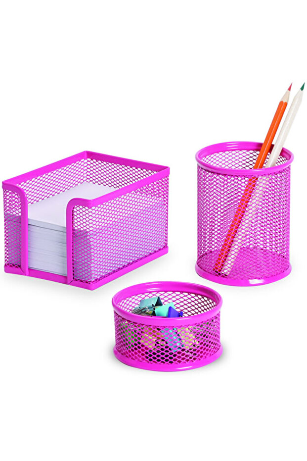 Metal Table Set 3 Piece Table Set (Pen Holder + Note Holder + Paper Clip) Pink F0033