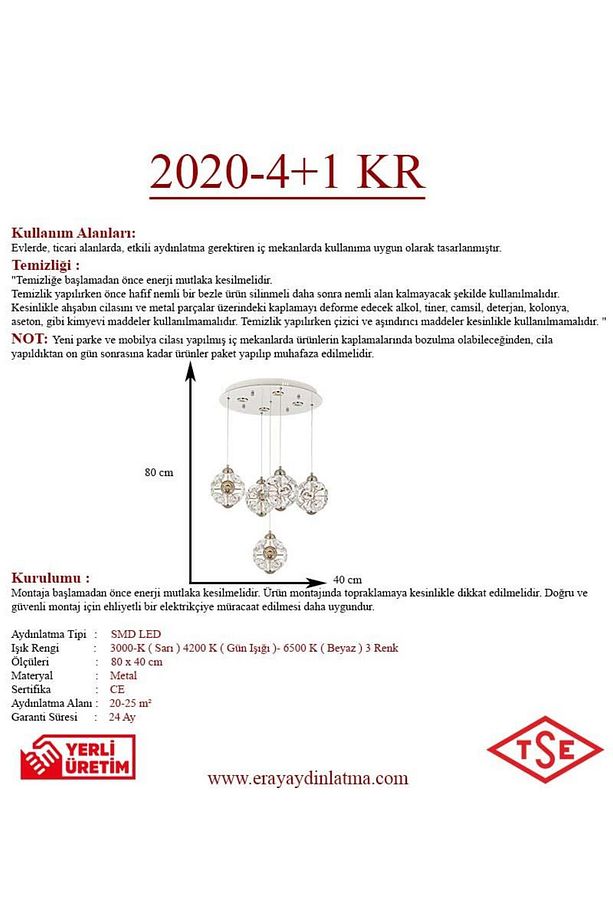 2020-4+1 5li Krom Sarkıt Led Avize - 3
