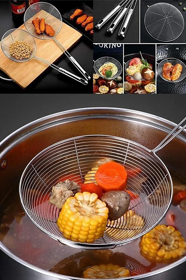 2'li Set Paslanmaz Çelik Kızartma Kevgiri, Yağ Süzgeci, Çelik Tel Kepçe, 13 Cm Ve 11 Cm Çap - 2