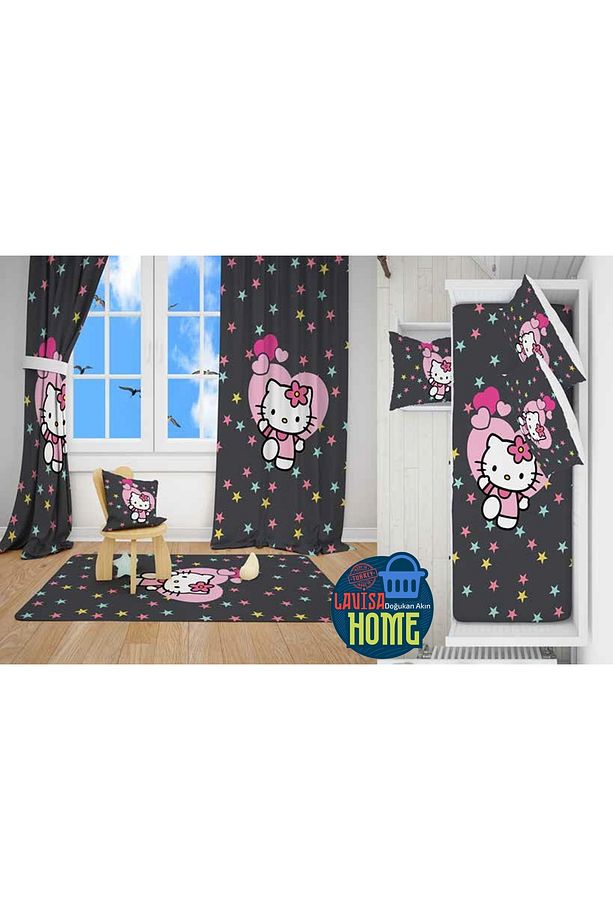 Hello Kitty Model Dijital Baskı 2 fon Perde & Yatak Örtüsü ve Yastık Kılıfı & Halı Çoçuk Takımı - 1