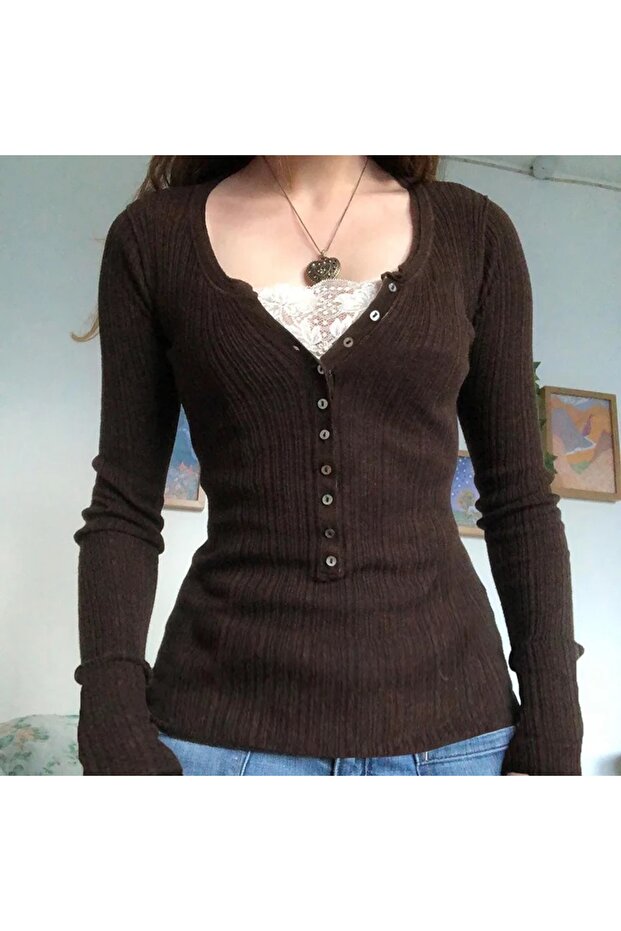 Lace Buttoned V-Neck Fairycore Brown Blouse