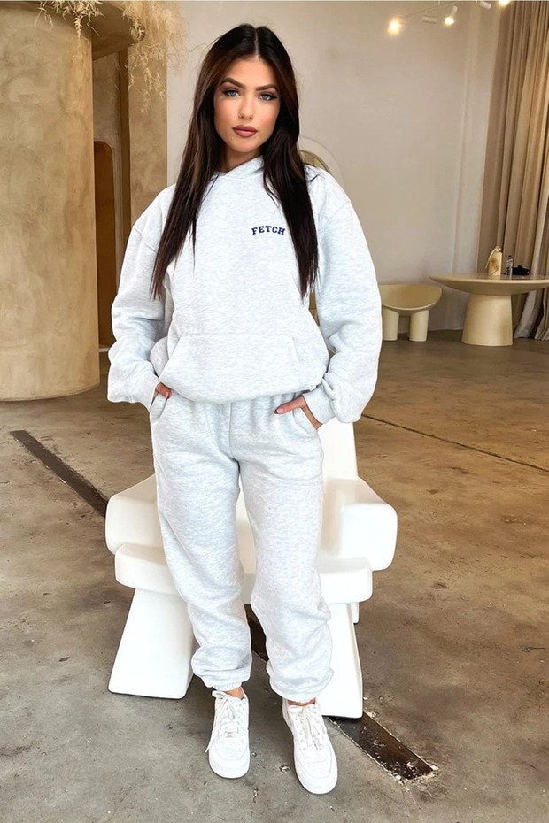Gray Fetch tréningruha szett - Nyomtatott, túlméretezett kapucnis - 3