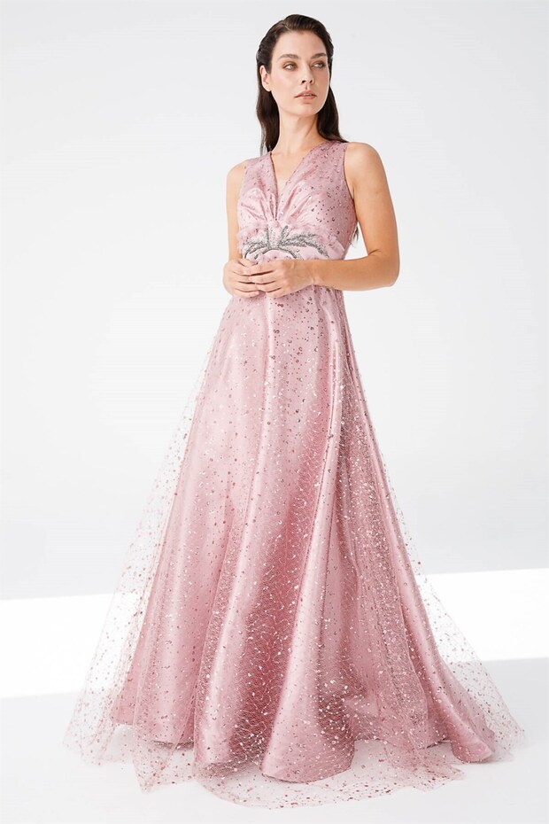 Önü Taş Işli Kloş Etekli Pul Dantelli Abiye Elbise Somon - 1