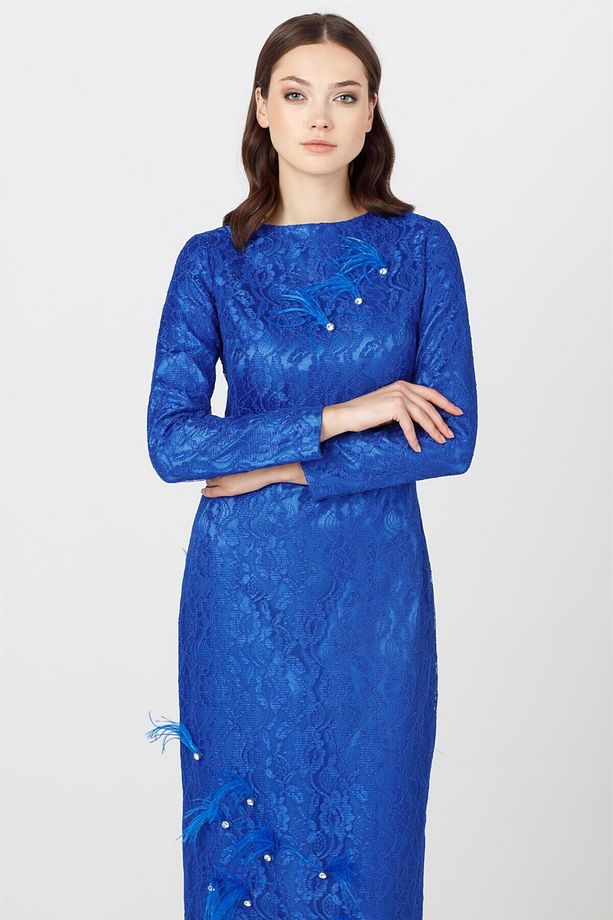 Tüylü Taşlı Dantel Abiye Elbise Saks - 4