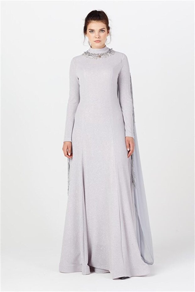 Back Tasseled Evening Dress Gray