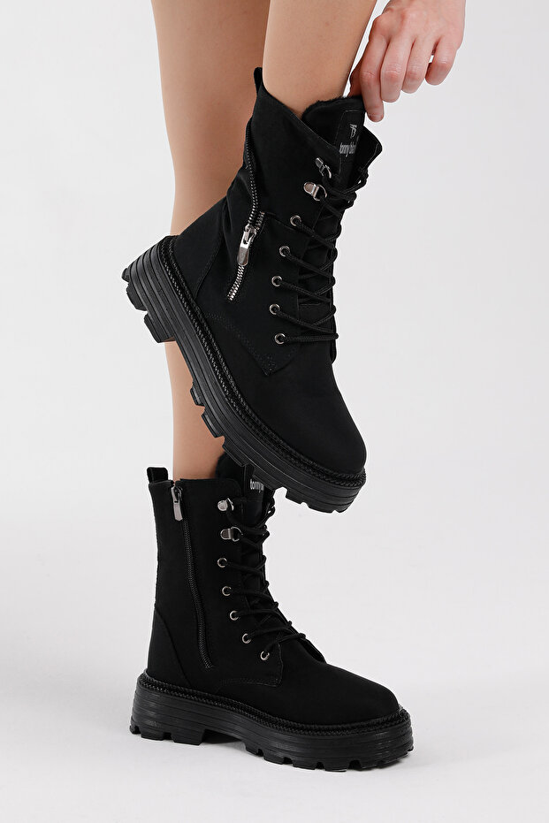 Női fekete velúr poliészter cipzáras, kényelmes fűzős csizma - 2