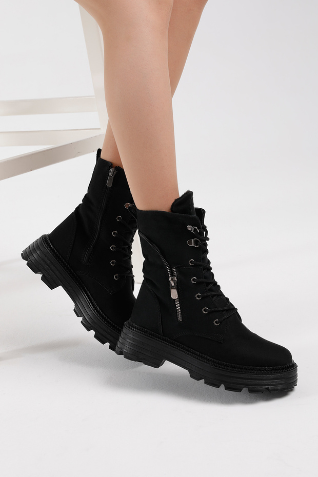 Női fekete velúr poliészter cipzáras, kényelmes fűzős csizma - 5