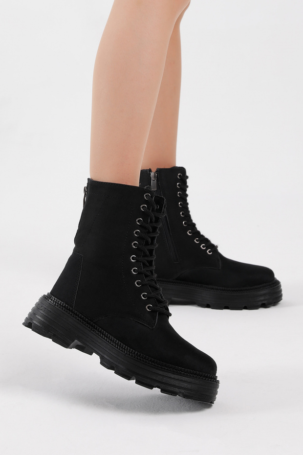 Női fekete szarvasbőr poliészter talpú hátsó cipzár részletes, kényelmes szabású fűzős csizma - 1
