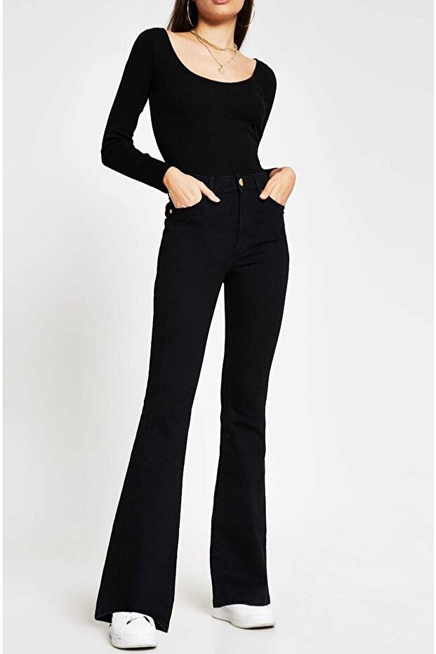Julia S.o.l.m.a.z.siyah Flare Leg Black Jean Extra Lycra High Waist Long Leg (PACKER)