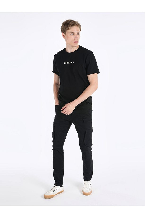 Regular Fit Bisiklet Yaka Baskılı Siyah Erkek Kısa Kol Tişört - 8