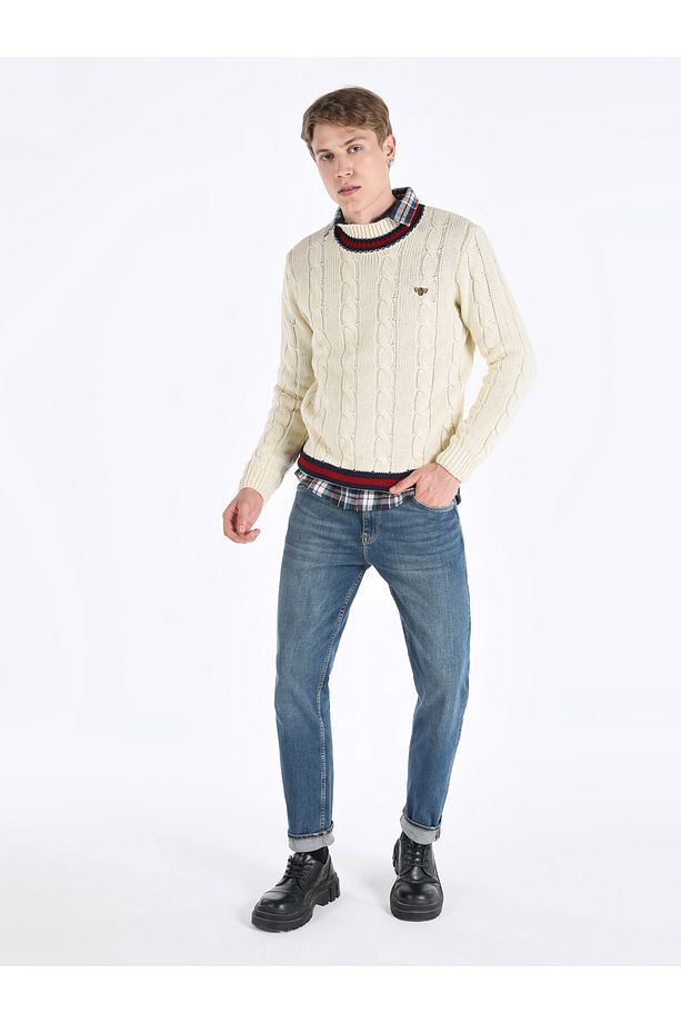 Regular Fit Baskılı Triko Ekru Erkek Kazak - 3