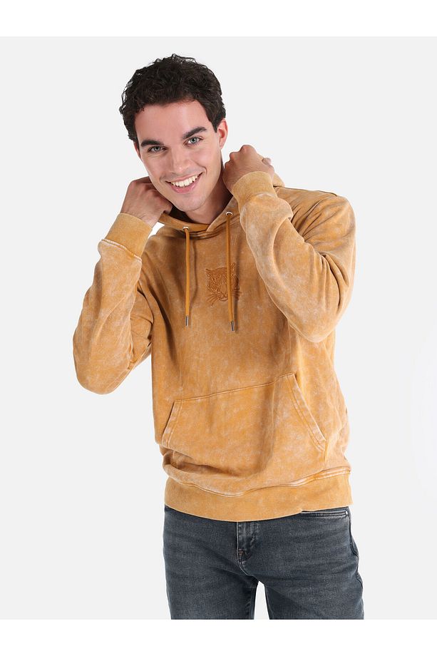 Regular Fit Baskılı Kapüşonlu Sarı Erkek Sweatshirt - 1